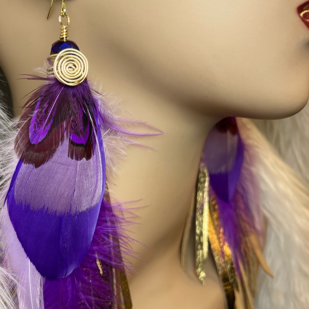 Gold Foiled Genuine Leather Fringe Purple Feather Earrings - Picture 3 of 15